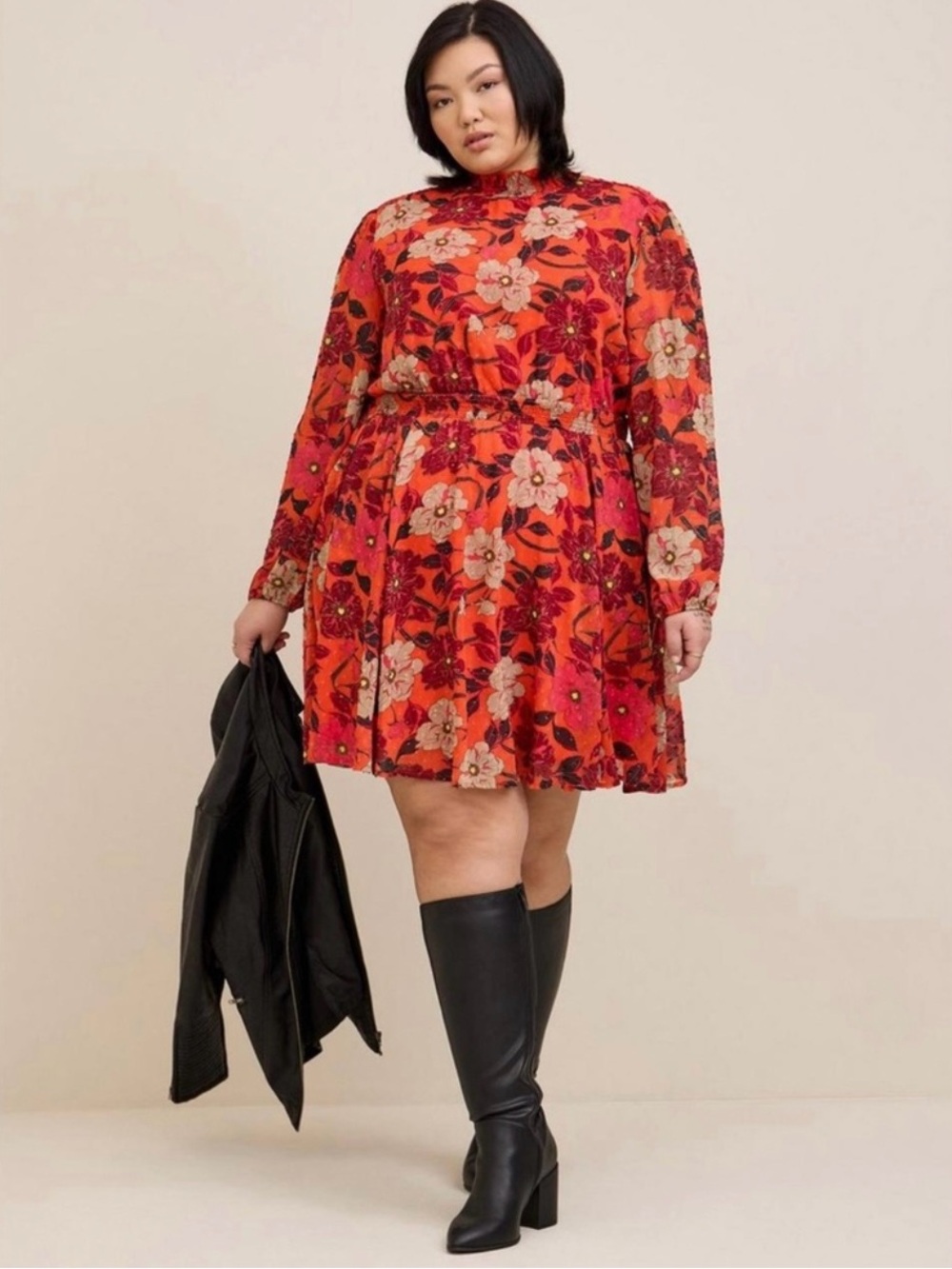 2X torrid Red Floral Long-Sheer Sleeve Mini Dress.Size 2X